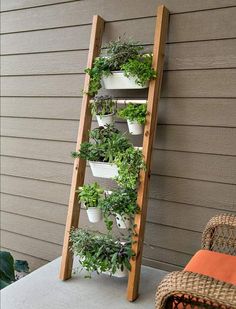 a ladder planter on the side of a house