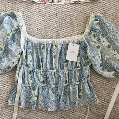 Size Medium Never Worn Beautiful Lace Detailing And Puffy Sleeves Cute Blue Blouse For Spring, Cute Blue Spring Blouse, Cute Blue Summer Blouse, Puffy Sleeve Top Outfit, Puffy Sleeve Top, Clothes Wishlist, Party Outfits For Women, Christmas Party Outfits, Party Outfits