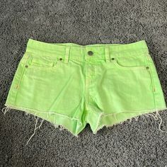 Nwot Victoria’s Secret Pink Neon Green Jean Shorts Green Summer Jean Shorts, Casual Stretch Green Jean Shorts, Trendy Green Short Pants, Green Casual Jean Shorts, Casual Green Jean Shorts, Green Stretch Jean Shorts, Green Cutoff Bottoms With Pockets, Green Mid-rise Summer Shorts, Green Cutoff Shorts With Pockets