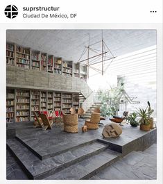 an image of a room with bookshelves and chairs on the stairs in front of it