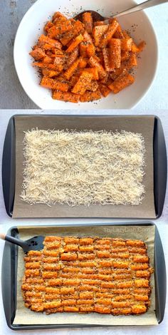 two pans filled with cooked carrots next to a bowl of shredded parmesan cheese