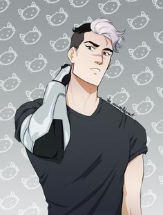 an anime character with white hair and black shirt holding his hand up to his ear