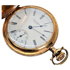 From American Waltham Watch Company, 14 karat yellow gold pocket watch Bartlett Grade model no. 1908 in size 16 with Serial Number 2303387. Has seventeen jeweled movement with a fancy acid etched Breguet church regulator mounted in a hand engraved Roy case number 912307 with minor dent at one o'clock, mentioned only for the sake of accuracy. Works and is completely original. Waltham Watch, Light Codes, Gold Pocket Watch, Clock Repair, Pocket Watch Antique, Vintage Pocket Watch, Music Boxes, Pendant Watches, Watch Companies