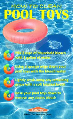 an inflatable pool toy floating on top of a swimming pool with the words, how to clean pool toys