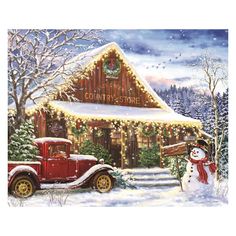 a painting of a christmas scene with a red truck and snowman in front of a house