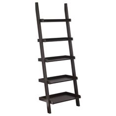 a wooden ladder shelf with three shelves on each side