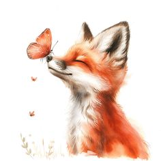 a painting of a fox with a butterfly on its nose