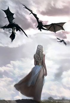 a woman standing in front of some bats flying above her head and the sky is filled with white clouds