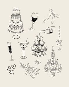 black and white drawing of different types of wedding cake, wine glasses, champagne flutes