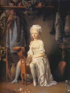 a painting of a woman in white sitting on a chair