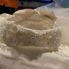 Custom Made, Off White, Wedding Beaded Headband And Cathedral Length Veil. Bow On The Back Of The Headband. Wore Once. In Excellent Condition. White Lace Wedding Sash, Lace Bridal Belt For Ceremony, White Lace Wedding Headband, Veil Bow, Off White Wedding, Cathedral Length Veil, Beaded Headband, White Wedding, Veil