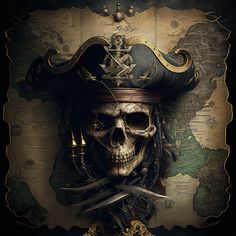 a pirate skull with two crossed swords on it's head, in front of a map