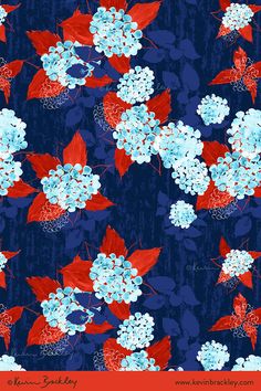 blue and red flowers on a dark background