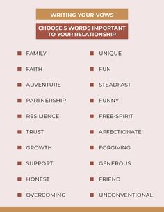 a table with words that are written in different languages and the text below it reads writing your vows choose 3 words important to your