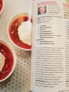 the recipe book is open to show two bowls of food