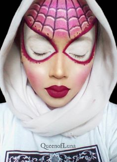 Ghost Spider Gwen Makeup, Ghost Spider Costume Women, Spider Gwen Makeup Halloween, Gwen Stacy Costume Diy, Ghost Spider Cosplay, Diy Spider Gwen Costume, Gwen Stacy Face Paint, Spider Gwen Face Paint, Spider Gwen Halloween Costume