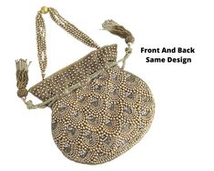 DIMENSIONS - 8.5 inches * 9 inches (L * B). These potli bags can accommodate mobile and other small accessories like car key/cosmetics etc. MATERIAL AND EXQUISITE DESIGN - This potli bag is handmade on satin fabric, very soft to touch. The bag is embellished with high-quality motif (pearls), crystals, and beads. FRONT AND BACK same stunning designs. Two drawstrings at both ends with pearls tassels. Wrist handle studded with pearls & beads. Lined interiors. STYLE STATEMENT - Potli bags are ir Bohemian Beaded Potli Bag For Wedding, Beaded Rectangular Potli Bag For Festive Occasions, Festive Beaded Rectangular Potli Bag, Festive Rectangular Beaded Potli Bag, Beaded Potli Bag For Festivals, Beaded Gold Pouch Potli Bag, Beaded Potli Bag For Festive Occasions, Beaded Gold Potli Bag, Gold Beaded Pouch Potli Bag