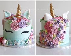 two cakes decorated with flowers and unicorn heads