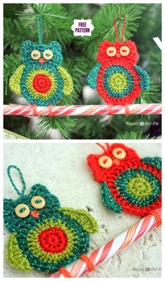 crocheted owl ornament hanging on a christmas tree with candy canes