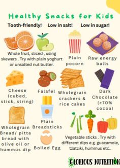 the healthy snacks for kids are shown in this info sheet, with information about them