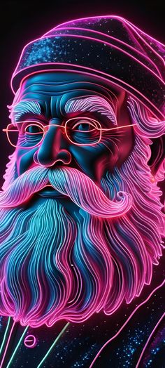 an image of a man with glasses and a beard in neon colors on a black background