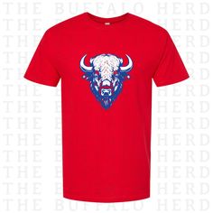 a red t - shirt with an image of a bull on it's chest