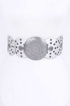 elevate your style with the faux leather rivet studded belt. this stunning belt features an engraved buckle and faux leather material, accented with rivet studs for an edgy touch. with a width of 3" and a length of 40.5", it's perfect for adding a bold statement to any outfit. available in black, caramel, and silver. details & measurements width 3" length 40.5" polyurethane, iron, lead & nickel compliant Adjustable Silver Belt For Festival, Adjustable Silver Belt, Trendy Silver Belt Buckle With Belt Included, Silver Bohemian Adjustable Belt Buckles, Adjustable Festival Belts With Rivets, Adjustable Silver Bohemian Belt, Bohemian Silver Adjustable Belt, Elegant Silver Belts For Festival, Leather Rivets