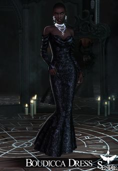 a woman in a black dress standing on a floor with candles around her and the caption boudica dress