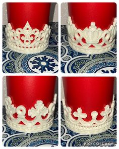 four pictures of the crown on top of a red cup with blue and white designs