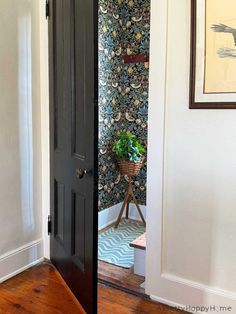 an open door leading to a hallway with wallpaper and potted plant in the corner