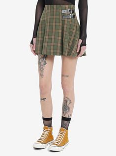 Fall is the perfect time for earth tones  so grab this green and brown plaid mini skirt with faux leather buckles on one hip.100% cottonWash cold; dry lowLength: 16"ImportedListed in junior sizesModel is 5'10"Model wears size Small Green Skirt Outfits, Cutesy Outfit, Tall Hoodies, Plus Size Fits, Plaid Mini Skirt, Brown Plaid, Fall Skirts, Socks And Tights, Plaid Skirt