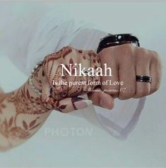 a person with henna on their arm holding another persons hand and the caption nikah is the purest form of love