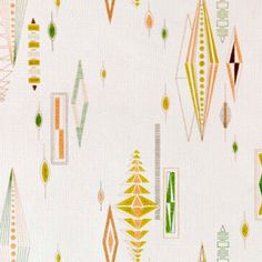 a white background with orange, green and yellow geometric designs on the bottom half of it