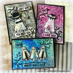 three cards with ghost sayings on them, one says hey booy and the other says i love booy