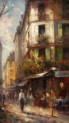 an oil painting of people walking down the street in front of buildings with flowers on them