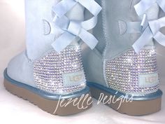 "Customized Bling Women's Bailey Bow UGG® II (with 2 bows) DETAILS: 💎 Each boot heel will be hand \"crystallized\" with care and precision, one SWAROVSKI® crystal at at time.  Each crystal is glued with the strongest adhesive available to provide a secure and permanent fit.   💎 The total Crystal count comes to around 1,500 \"Diamonds\" on your feet. ✨GUARANTEED AUTHENTIC! ⭐️ We can BLING just about ANY UGG boot you like  MANY Other styles are available, including classic mini, short, and tall, bailey button, classic, etc.  If you're interested in a pair of UGG® Boots - other than the Bailey Bow style - hand jeweled with premium brilliant Crystals, we will be happy to set up a custom order just for you.   Send us a message, and we'll get started!   <ALL sales final" Bow Ugg, Bow Uggs, Uggs With Bows, Ugg Boots Australia, Bailey Bow Uggs, Custom Bling, Bow Boots, Pay Attention To Me, Bailey Bow