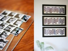 three framed photos hang on the wall next to a table with a plant in it