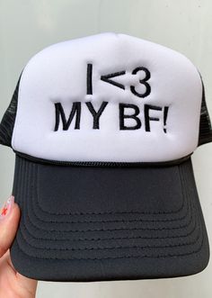 "I LOVE MY GF" FOAM TRUCKER EMBROIDERED HAT Photo features black cap with black thread Adjustable Hat Size Black Trucker Hat With Letter Print And Flat Bill, Novelty Black Snapback Hat One Size, Black Brimmed Dad Hat, Novelty Black Brimmed Mini Hats, Novelty Black Hat With Flat Bill, Black Novelty Snapback Hat, Adjustable Brimmed Black Dad Hat, Black Novelty Hat For Summer, Adjustable Black Brimmed Dad Hat