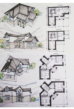 three drawings of different types of houses and their architectural designs are shown in this image