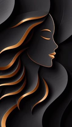 a woman's face with long hair and gold lines on it, in black paper cut