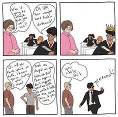 a comic strip with two men talking to each other and one is wearing a crown