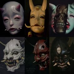 six masks with different facial expressions on them, all in various colors and shapes are shown