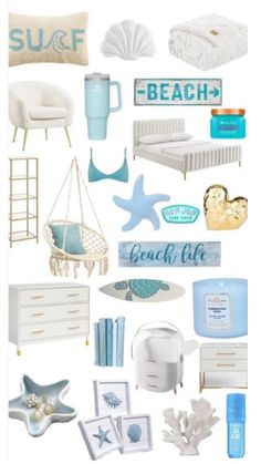 a collage of beach themed furniture and decor