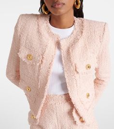 Cropped tweed jacket in pink - Balmain | Mytheresa Hoco Court, Balmain Tweed, Balmain Clothing, Tweed Jacket, Fashion Styles, Designing Women, Blazer Jacket, Poland, Clothing And Shoes