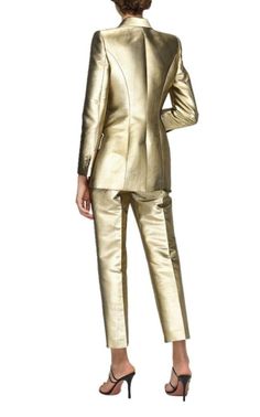 Cigarette pants in gold metallic moiré.Italian-made pants are designed with a slim cigarette-leg silhouette. Slim-leg silhouetteConcealed front hook and zip closurePlead front panelTwo side pocketsOne back pocketCropped lengthComposition: 52% Cotton, 35% Silk, 13% Metalized PolyesterLining: 100% CuproMade in Italy Tailored Gold Suits For Evening, Gold Formal Bottoms, Luxury Gold Party Bottoms, Gold Straight Pants For Work, Gold Straight Pants For Workwear, Gold Fitted Straight Pants, Luxury Gold Formal Bottoms, Elegant Gold Fitted Bottoms, Chic Gold Pants For Workwear