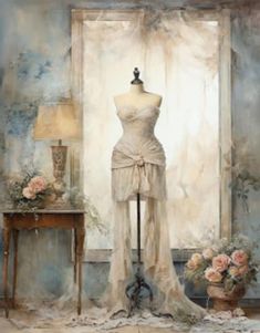 a painting of a dress on a mannequin next to a table with flowers