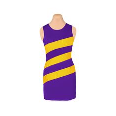 Purple + Bright Gold Diagonal Stripe Dress Yellow Striped Dress, Purple Heels, Beach Gardens, Lsu Tigers, Diagonal Stripes