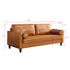 a brown leather couch with measurements for the seat and back cushions on top of it