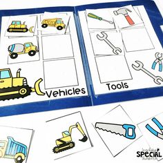 two pictures of vehicles and tools in blue folders