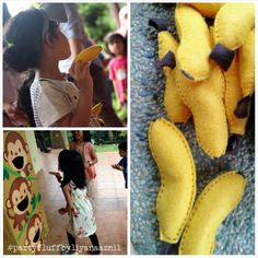 there are pictures of children playing with stuffed animals and bananas on the floor, along with photos of banana peels